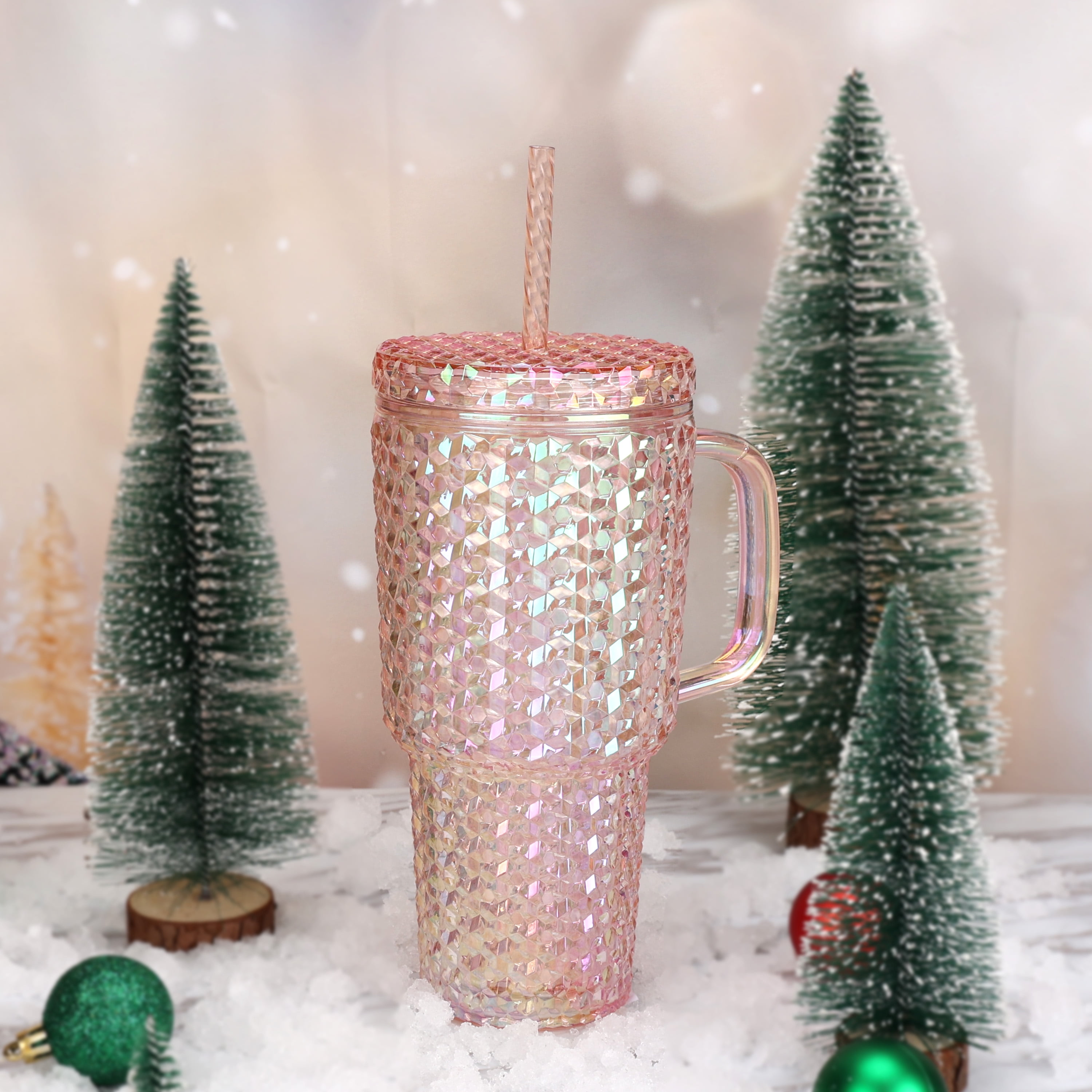 Holiday Time 30 ounce Acrylic Double Wall Iridescent Textured Mug, Pink