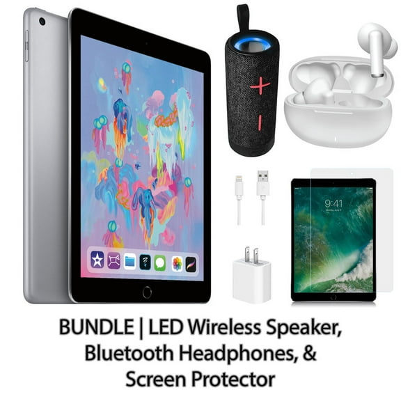 Restored Apple iPad 6 9.7" 32GB Space Gray (Wifi) Bundle: LED Wireless Speaker, Bluetooth Headphones, & Screen Protector (Refurbished)