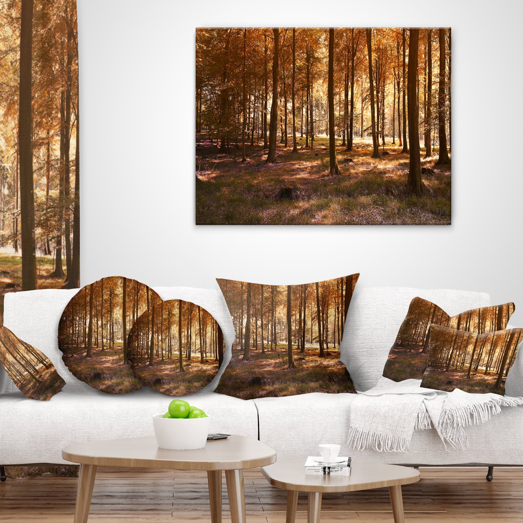 Designart Thick Fall Forest with Orange Leaves - Landscape Photography Throw Pillow - 12x20