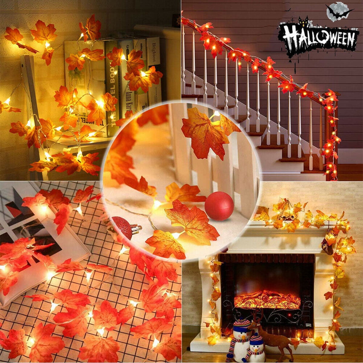 3/4M LED Lighted Fall Autumn Pumpkin Maple Leaves Garland Party Home Xmas Decor 