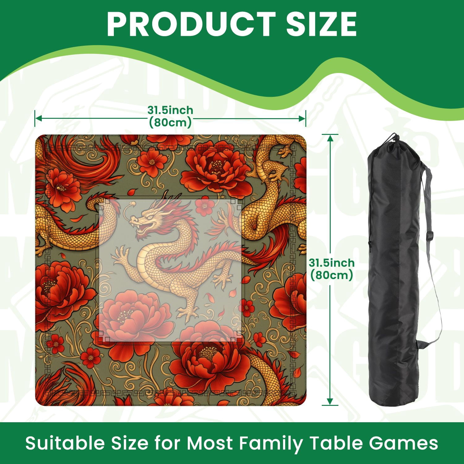 Mahjong Mat 31.5" x 31.5" Japanese style vintage seamless horned fantasy dragon chrysanthemum Non-Slip Noise Reduction American Mahjong Tiles Table Cover for Dominoes Poker Card Board Games Gift