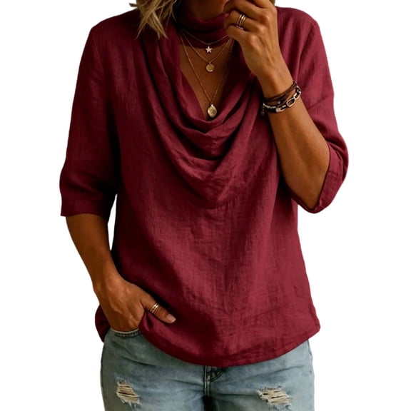 YUGYXL Cowl Neck Tops for Women Plus Size Dressy 3/4 Sleeve Shirts Loose Holiday Pullover Spring Cute Party Outfits Wine Blouses XL