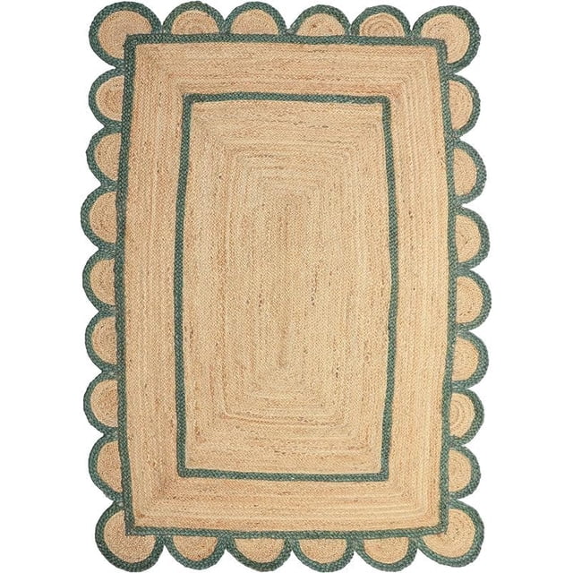 KULDEEP HANDICRAFTS Natural Scalloped Jute Area Rug Bohemian Scallop Boho Decor Area Handwoven Custom Rugs Decorative Rug Reversible Braided Rugs (BD6-4x12-GRN)