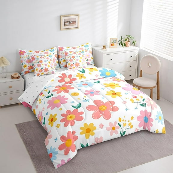 Cute Flower 7 Piece Bedding Set Full Size Kids Cartoon Cute Floral Bed in a Bag for Kids Girls Teens Toddler Yellow Pink Comforter Set with Sheets Kawaii Bed Set