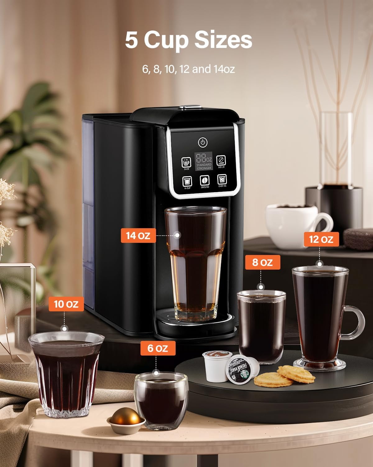 Single Serve Coffee Maker, Hot and Iced Coffee Machine for K Cup Pods & Ground Coffee, 6 to 14 oz Brew Sizes, with 50 oz Large Water Tank, Removable Drip Tray, Stainless Steel, Red