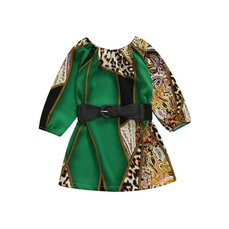 

Canrulo 2Pcs Fashion Kids Baby Girls Dress with Belt Leopard Striped Long Sleeve Knee Length A-Line Dress Green Leopard 3-4 Years