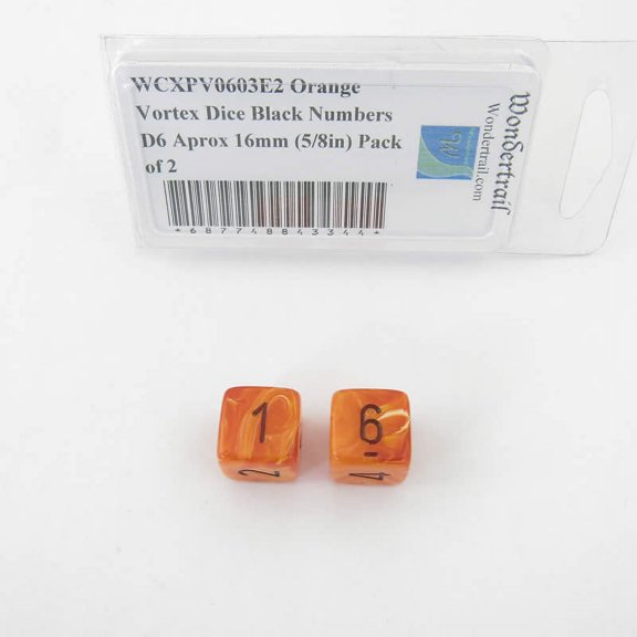 Orange Vortex Dice with Black Numbers D6 Aprox 16mm (5/8in) Pack of 2 Wondertrail