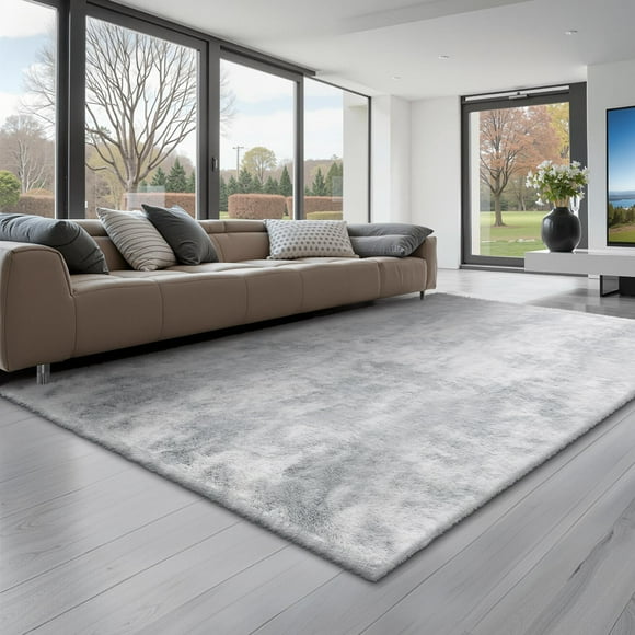 VEVOR Indoor Plush Area Rugs, 6 x 9 ft Soft Plush Carpet, Furry Shag Area Rugs for Living Room, Bedroom, Modern Home Decor Aesthetic Long-Pile Rug, Non-Shedding, Slip-Resistant, Tie-Dye Light Gray