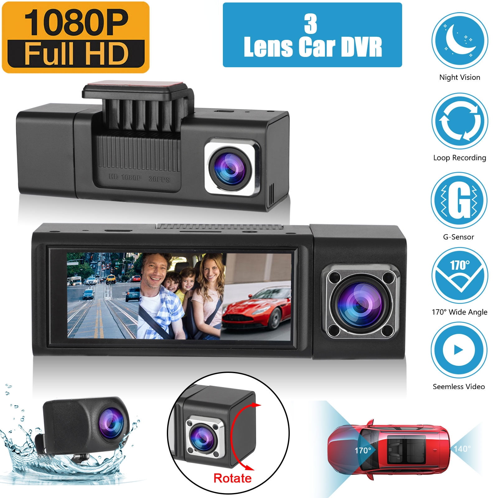 Dashcam Three Way Triple Car Camera with IR Night Vision 3 Channel Dash Cam Front and Rear Inside 1080P Dash Camera for Cars 24 Hours Recording Parking Monitor G-Sensor Loop Recording 