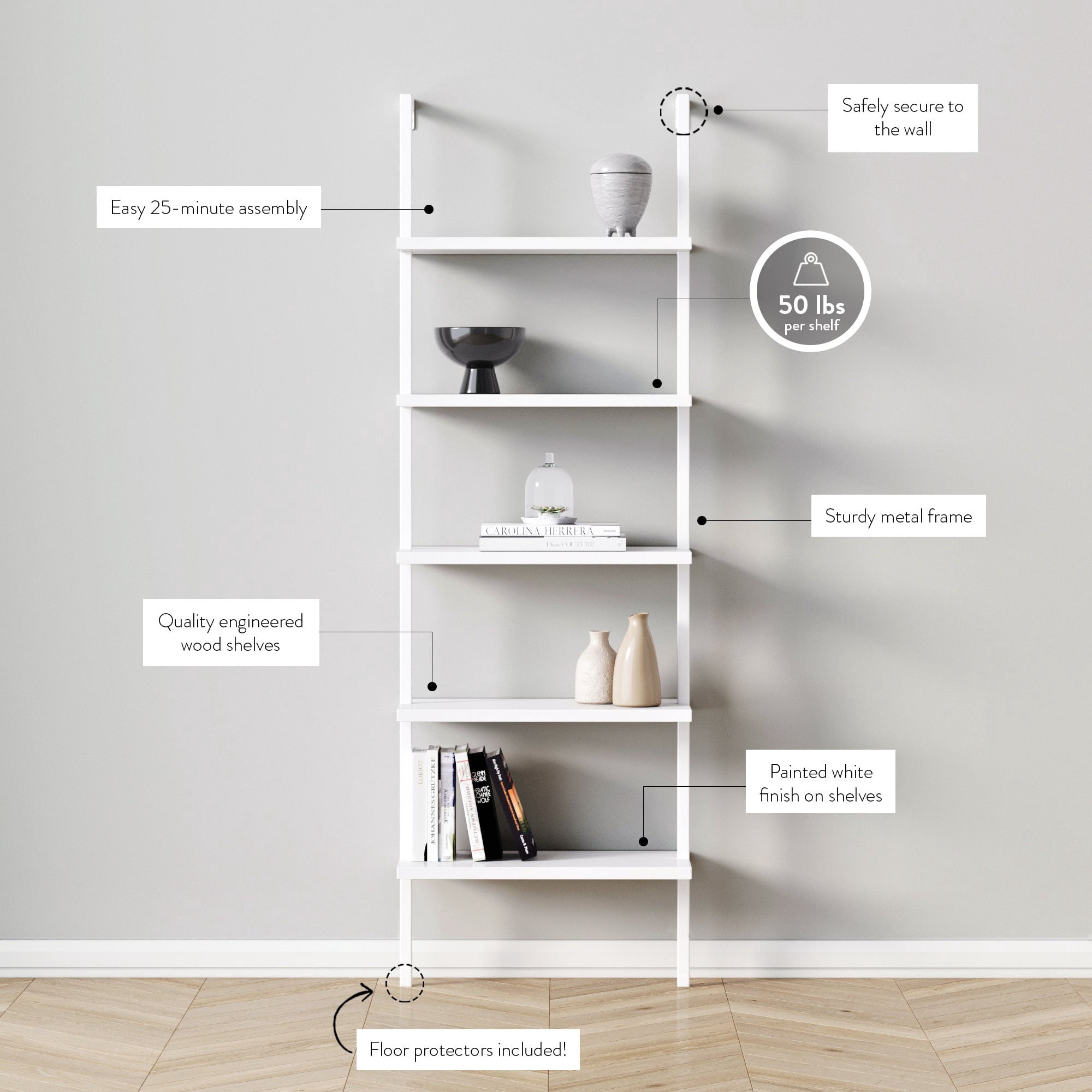 Nathan James Theo Industrial 5-Shelf White Ladder Bookcase with White Open Shelves and White Metal Frame