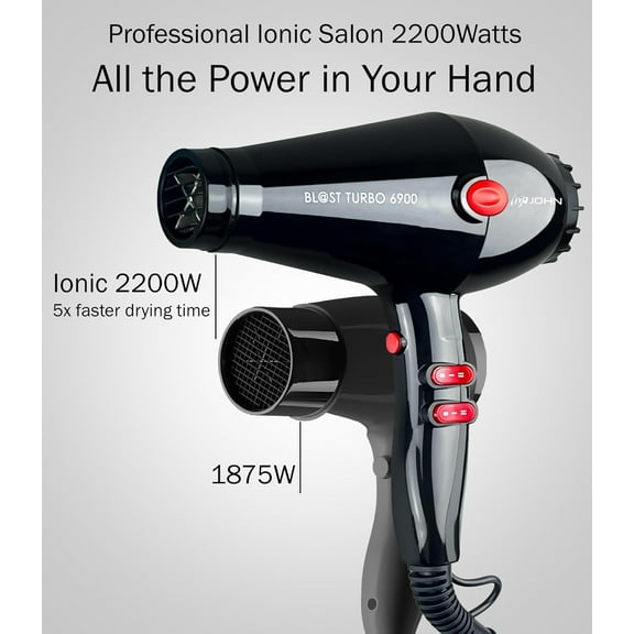 Fast Drying Hair Dryer, Ionic 2200W Professional Salon Blow Dryer, 2 Concentrator Nozzles, Black