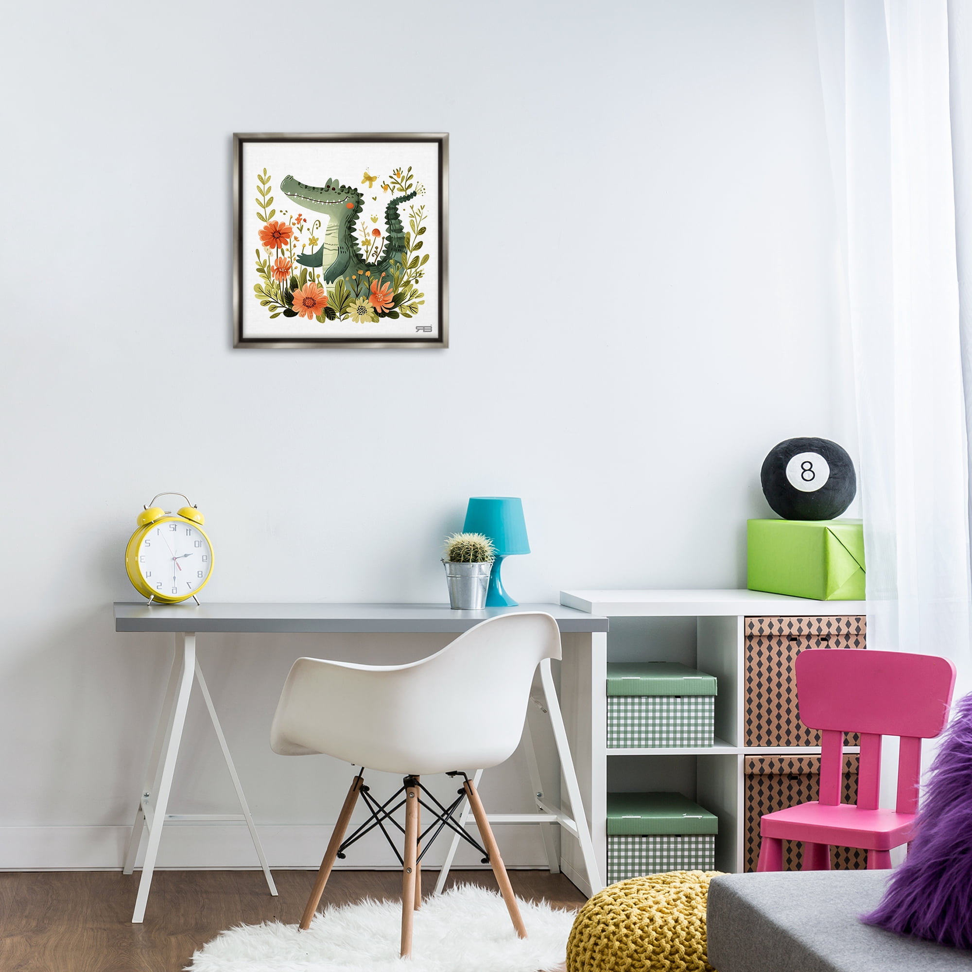 Stupell Industries Floral Happy Alligator Animals Painting Gray Floater Framed Canvas Art Print Wall Art, 18 x 18