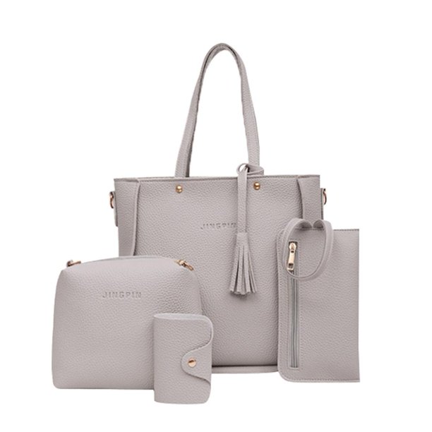 4 unids/set Litchi cuero borla mujer bolso de mano bolso de hombro bolsas de tarjeta (gris) Likrtyny Para estrenar