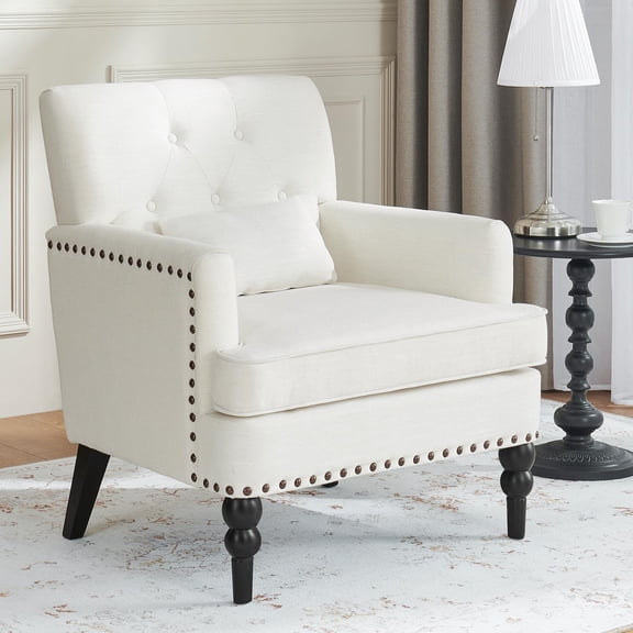 Pawverly Tufted Club Accent Chair, Mid-Century Modern Upholstered Button Armchair with Studded Trim, Linen Fabric Reading Chair for Living Room or Bedroom, Beige