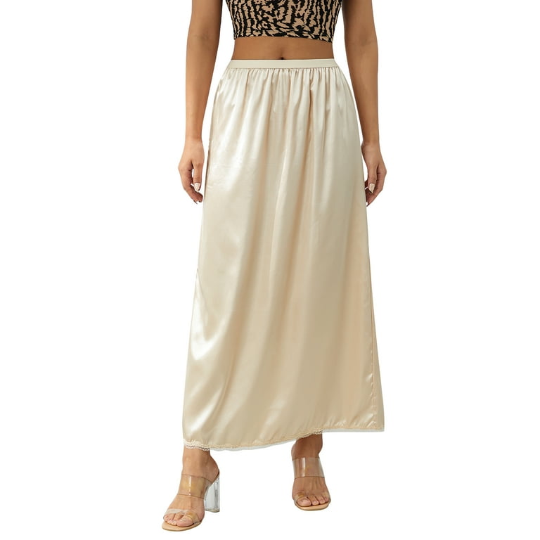 Women's Solid Color Satin Half Slips Skirt Elastic Waist Lace Trim Long  Underskirt for Under Dresses S-XXL 