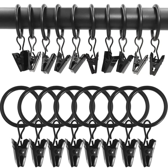 Anillos de cortina con clips WeeksEight, paquete de 100, negros