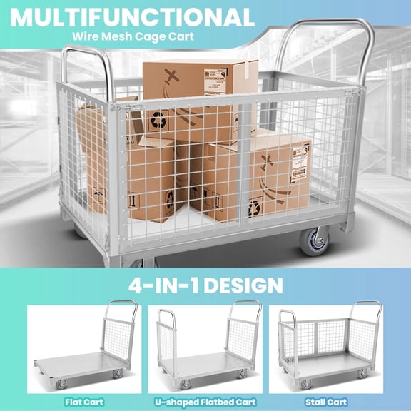 Heavy Duty 2200 LBS Capacity 5-in-1 Foldable Platform Cart with Wire Cage, 4 Swivel Casters, Multi-Functional Utility Dolly for Grocery, Warehouse, Stall & Laundry