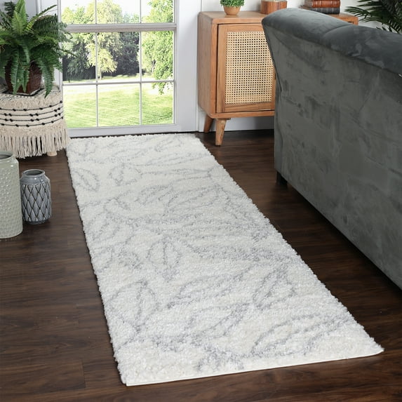 Nature Leaf Plush Polypropylene Indoor Shag Runner Rug - 2’ 7” x 8', Gray-Cream