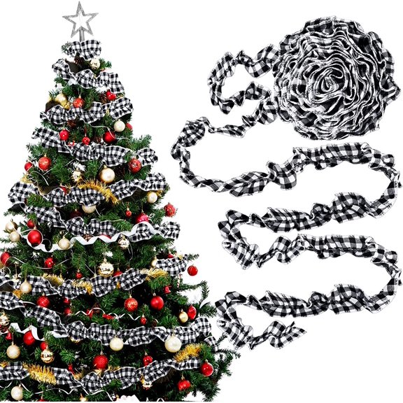 6PCS Plaid Christmas Tree Garland Rustic Craft Garland Christmas Tree Ribbon for Christmas Crafts Decoration, Floral Bows Craft, 9 Feet