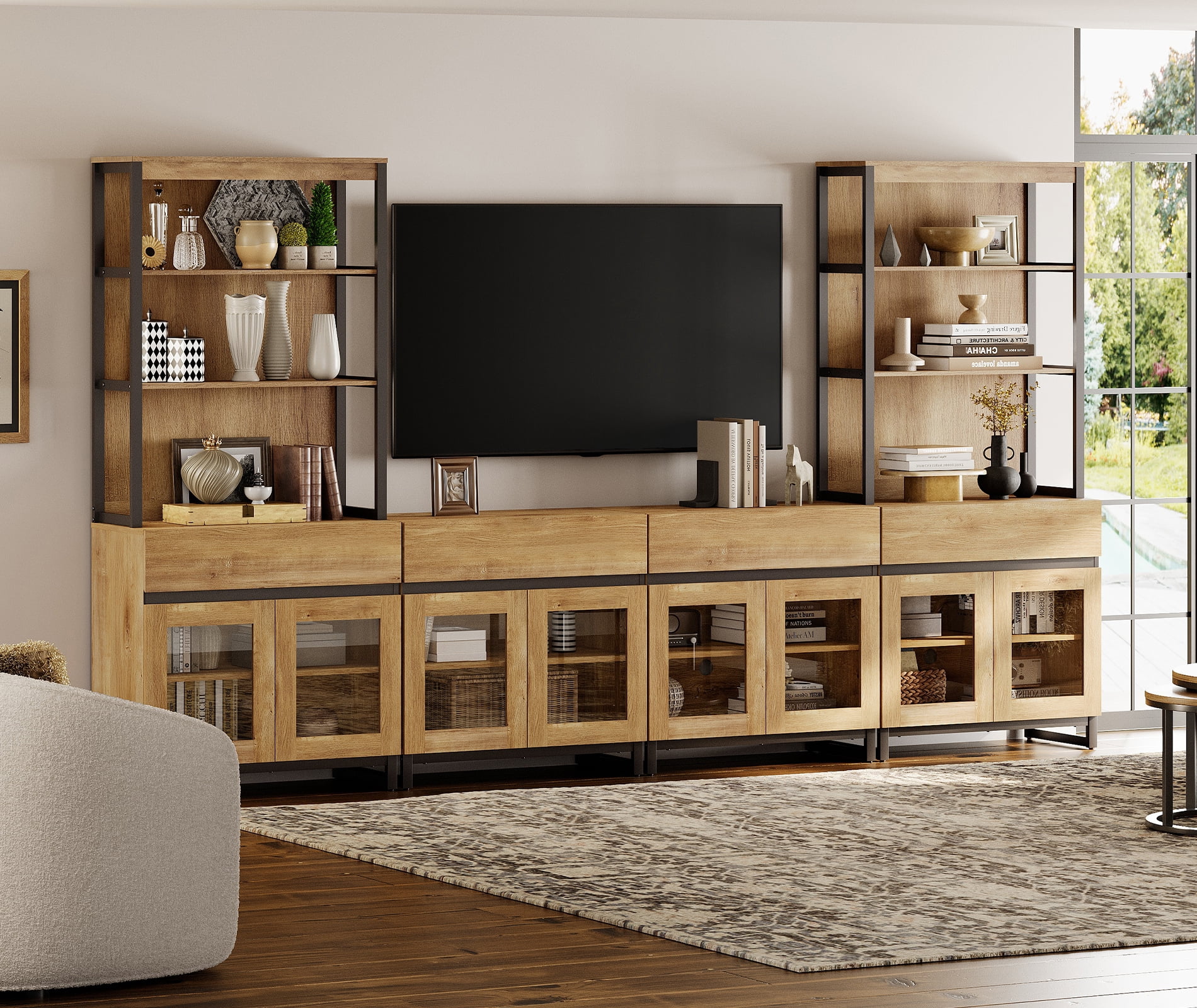 WAMPAT Modern Farmhouse TV Stand with 3-Tier Bookshelf & 4 Large Storage Cabinets, Adjustable Shelf and 4 Drawers Wooden Media Console with Glass Doors, Entertainment Center for Living Room