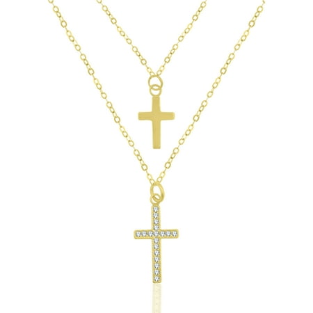 - Sterling Silver 18 Karat Yellow Gold Plating Polished & Crystals Cross Layer Necklace