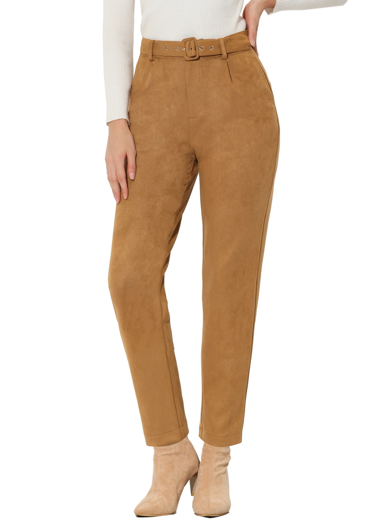 Allegra K Women's Faux Suede Pants Casual High Waist Belted Straight ...