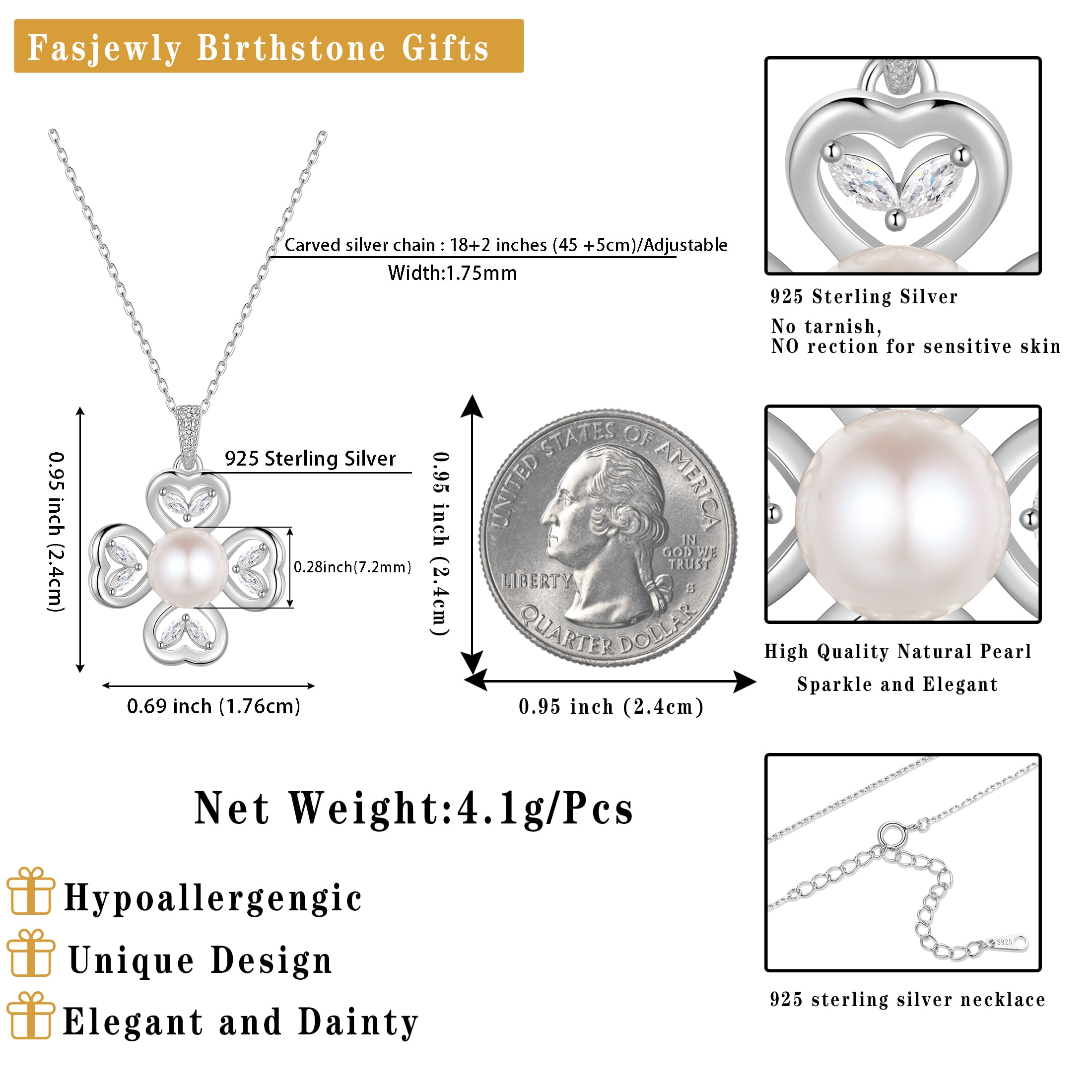 Fasjewly 925 Sterling Silver Heart Clover Pearl Necklace, Natural 7mm Pearl Pendant Jewelry Gift for Women, Birthday Anniversary Christmas Gift for Mom/Wife