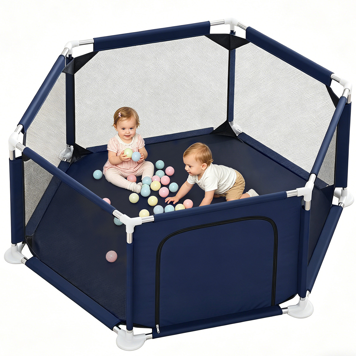 Caveen 6-Panel Portable Baby Playpen, Blue photo 1