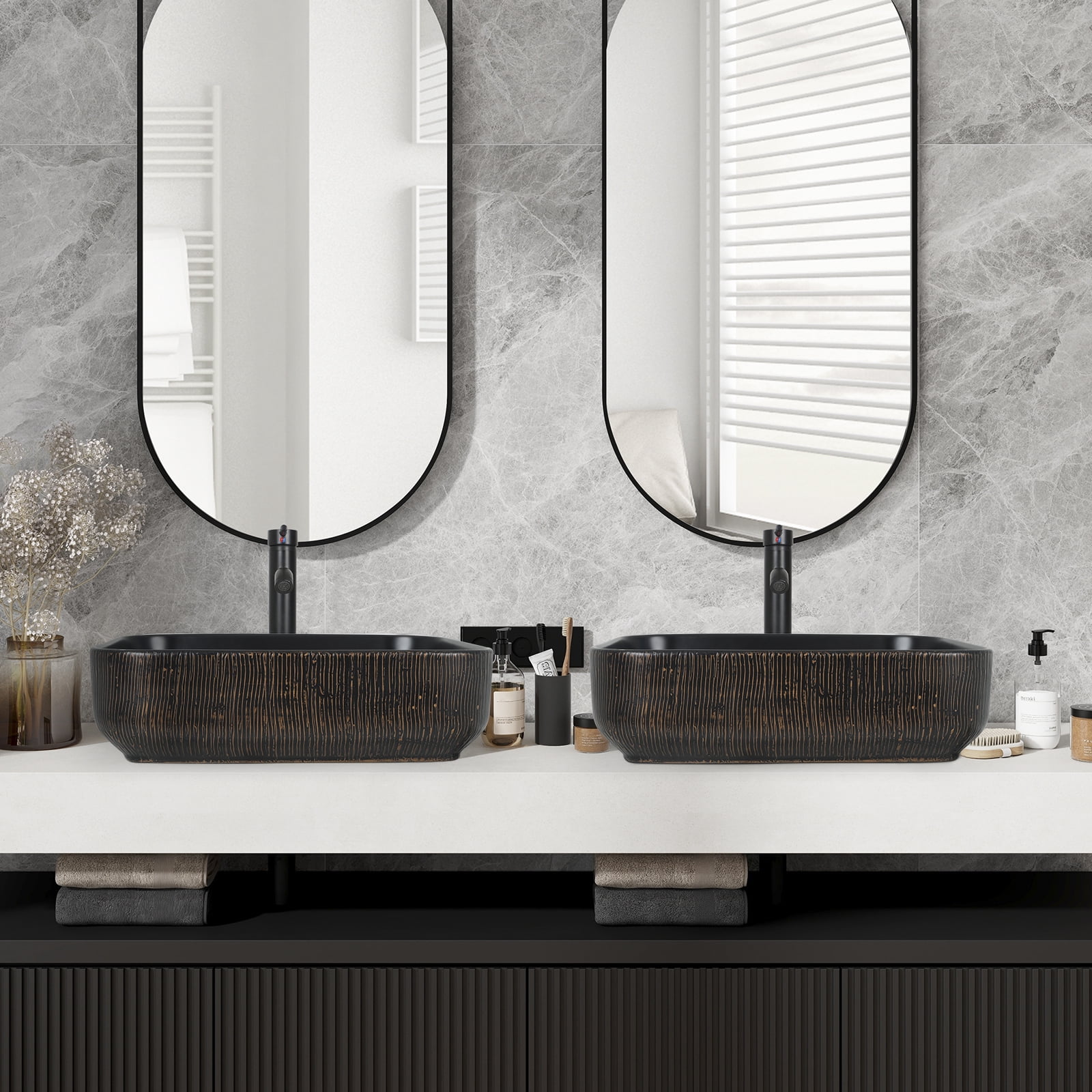 FULLWATT Ceramic Bathroom Sink, Above Counter Ceramic Vanity with Faucet and Pop-Up Drain Combo, Rectangular Modern Above Counter Bathroom Sink