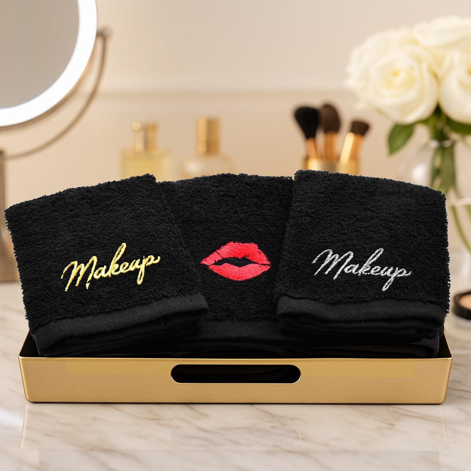 Dan River Black Washcloths 13X13 - 6 pcs Embroidered Wash Rags For Makeup Remover, Soft Cotton Face Towels