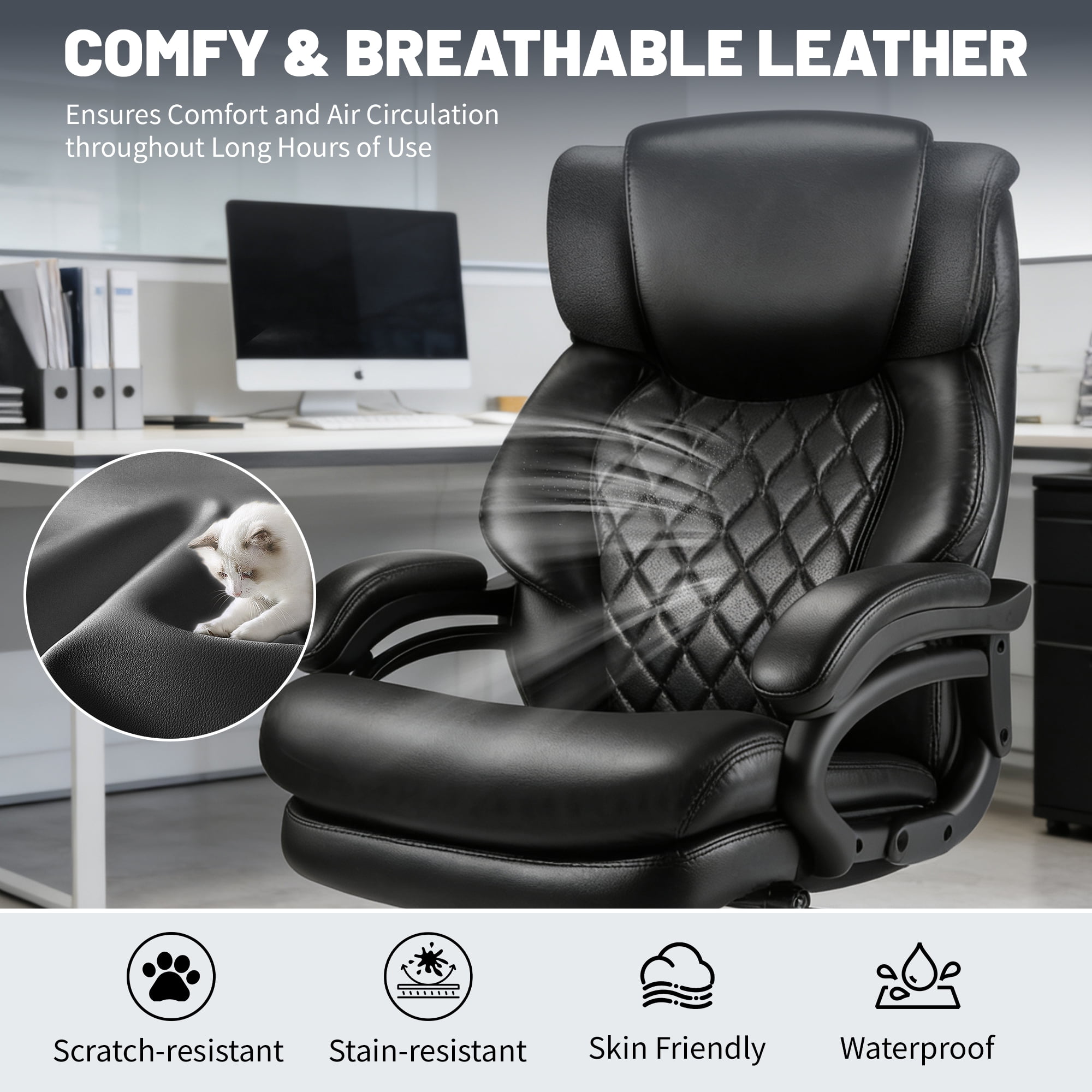 Heavy Duty Big and Tall Office Chair, Executive Chair with Adjustable Headrest, High Back Extra Wide Seat, Large Computer Desk Chair for Home Office