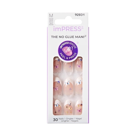 imPRESS Design Press On Nails , No Glue Needed, White, Medium Length, Oval Shape, 30 Ct.