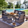 thumbnail image 2 of MEISSALIVVE 6 Pieces Patio Furniture Set with Dining Table, Outdoor Wicker Conversation Set with Fixed Chairs, Wood Armrest, 2 Ottomans, Gray, 2 of 10