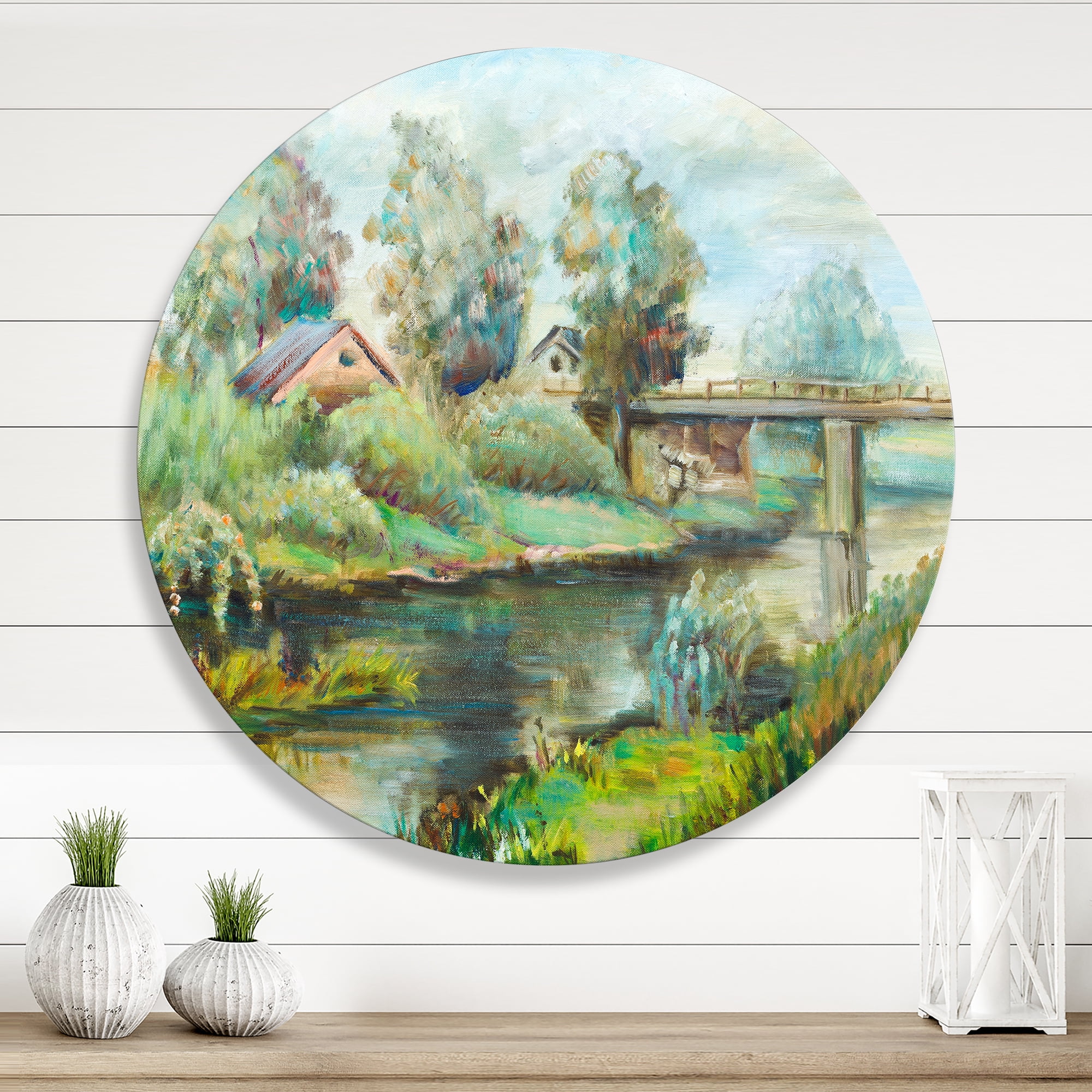 Designart 'Rustic Landscape With Bridge On The River' Lake House Circle Metal Wall Art 23x23 - Disc of 23
