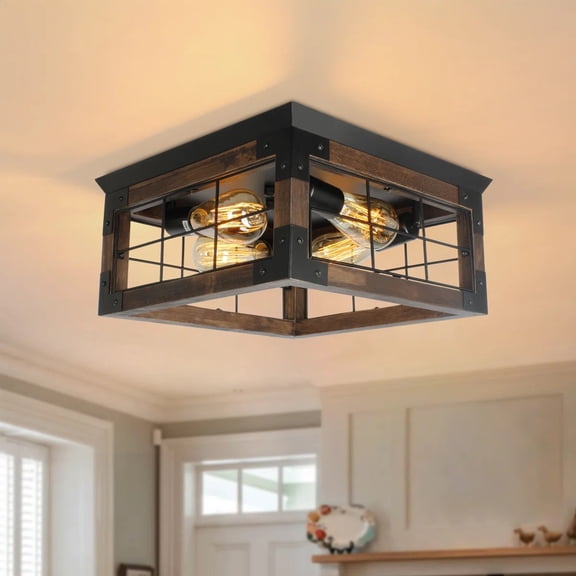 3-Light Rustic Wood Square Flush Mount Ceiling Fixture, Farmhouse Lighting for Living Room, Dining Room, Foyer
