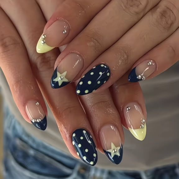 24 Pieces Navy Blue and Yellow Polka Dot Star Press on Nails Set - Trendy Nail Art for Every Occasion