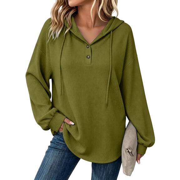 QIYAGBSA Hoodies for Women Half Button Drawstring Hooded Sweatshirt Long Sleeve Relaxed Fit Casual Pullover Top for Fall Winter (Army Green, 2XL)