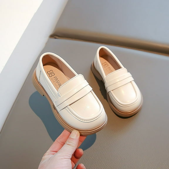 JUSLIO Girl Shoes British Style Flat Soft Sole Loafers Slip on (Toddler/Little Kid/Big Kid) Leather Shoes 23 Beige