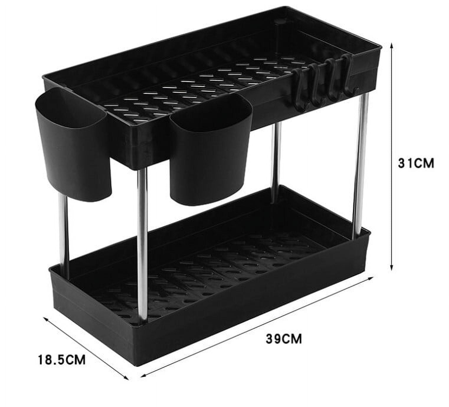 Under Sink Organizer, Under Bathroom Cabinet Storage 2 Tier Under Sink Storage Rack with 4 Hooks+2 Hanging Cup, Under Cabinet Organizer Baskets, Multi-purpose Under Sink Shelf Organizer,Black