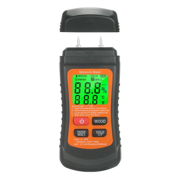 Wood Moisture Meter LCD Digital Damp Moisture Tester Pin Type Water Leak & Moisture Detector with 4 Modes Data Hold ℃/℉ Temperature Meter