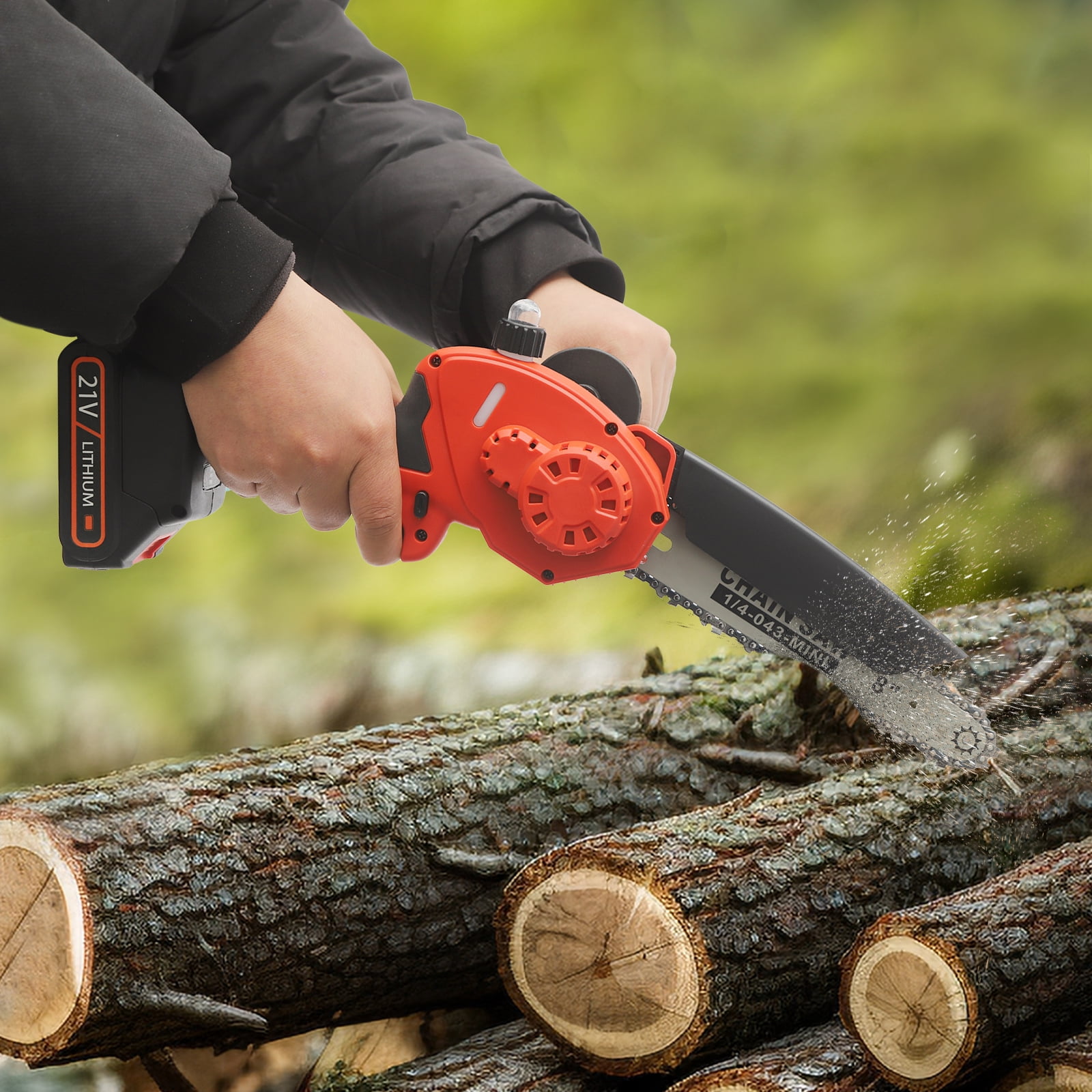 1 PCS Black+ Red Mini Chainsaw, 8 Inch Electric Chainsaw, Cordless Mini Chain Saw, used in gardens, parks, farms, ranches, pastures, orchards, forests
