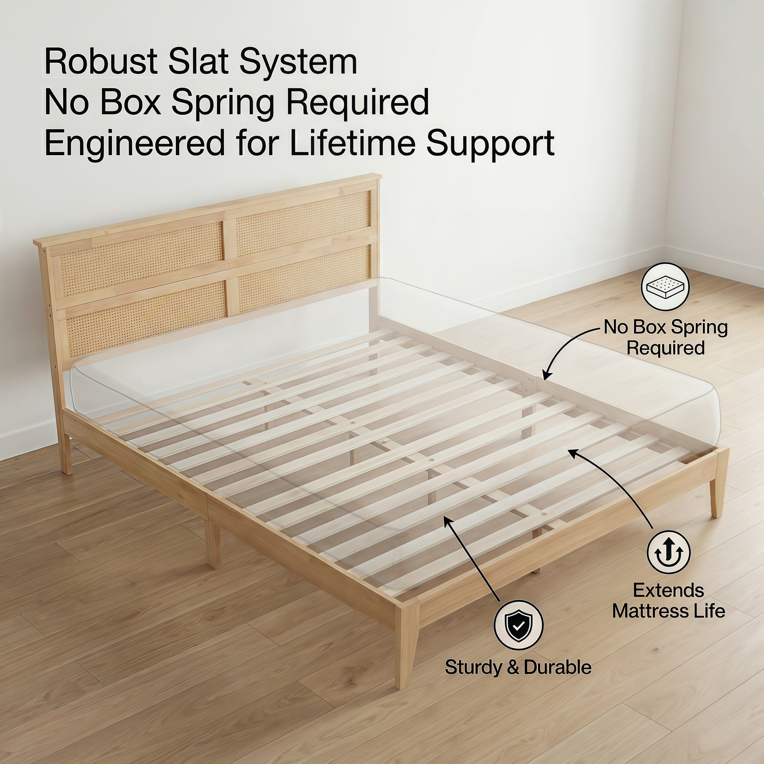 King Size Solid Wood Bed with Rattan Headboard, Rubber Wood Bed Frame with Central Support Beams and 8 Inch Underbed Storage for Bedroom, Natural, 84.5x79.2x40.8 Inch