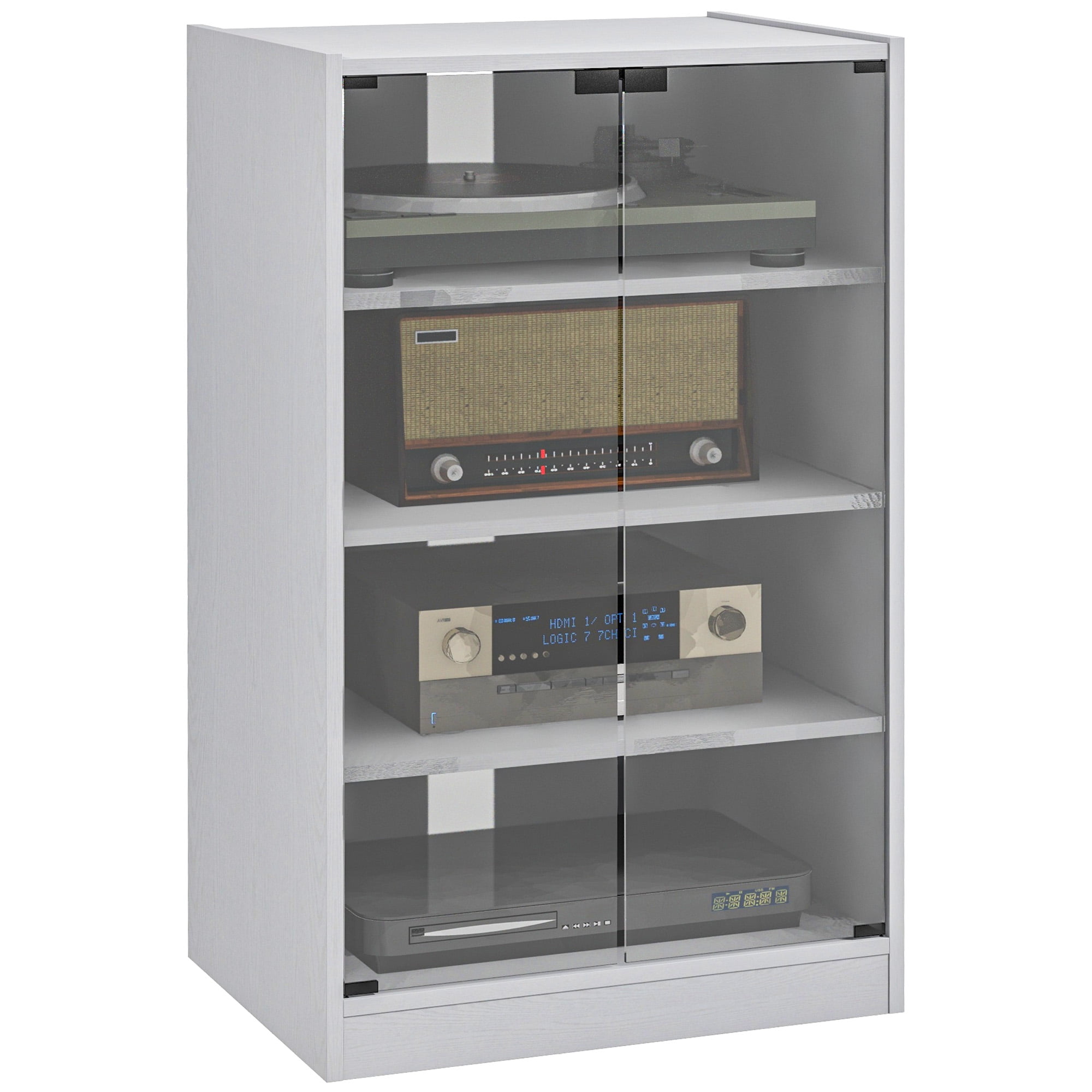 HOMCOM 4 Tier Media Stand Cabinet Entertainment Storage with Adjustable Shelves and Glass Doors Walmart