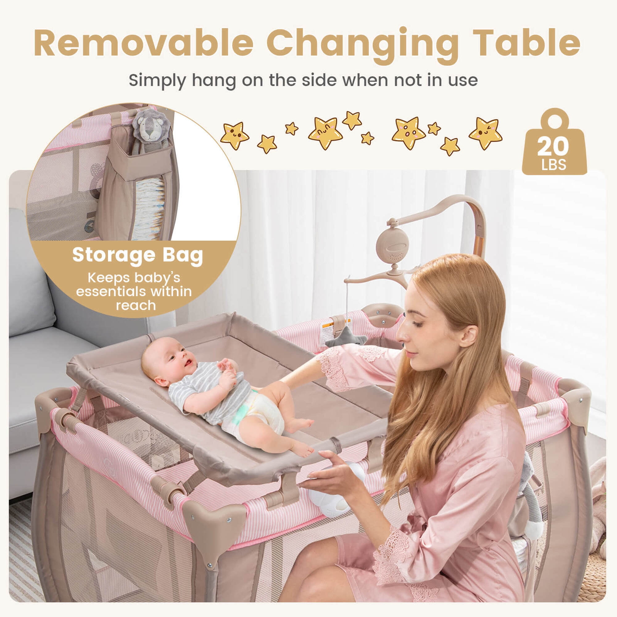 Costway Portable Baby Playard Nursery Center Crib with Hanging Toys & Music Box Pink