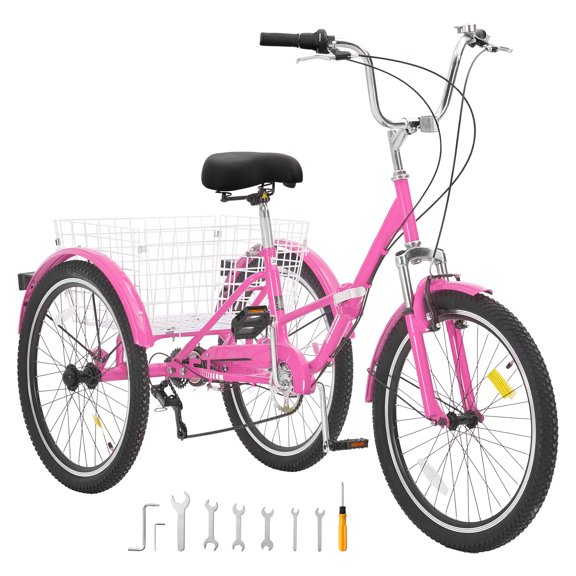 KFFKFF Adult Foldable Tricycle, 26'' 7-Speed, Carbon Steel Three-Wheeler with Basket & Adjustable Seat for Shopping, Picnics, Foldable Design for Women, Men, Seniors - Pink