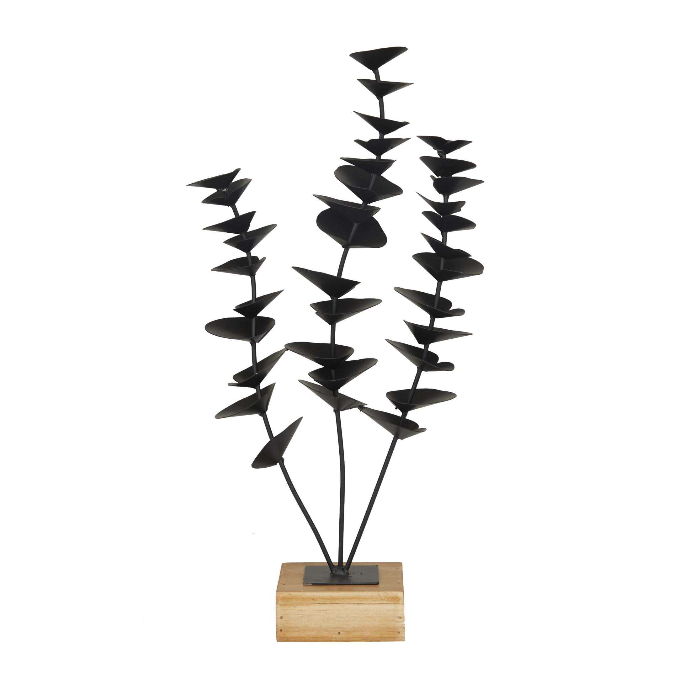 9" x 18" Black Metal Leaf Sculpture with Wood Base, by DecMode