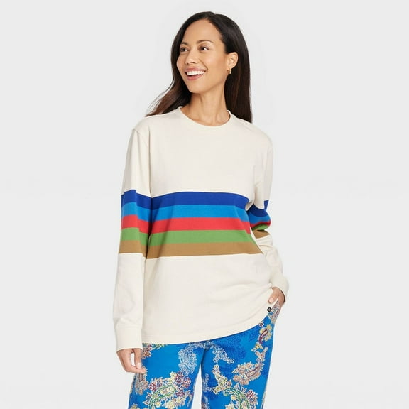 Houston White Adult Long Sleeve T-Shirt - Beige Striped, Medium