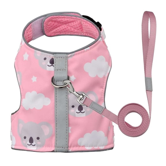 Pink Koala Print Pet Harness with Leash - Adjustable, Breathable Mesh Vest for Dogs & Cats, Reflective Safety Design,Size M