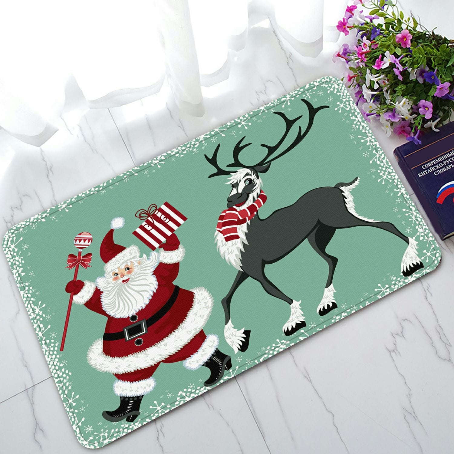 PHFZK Merry Christmas Theme Doormat, Lovely Santa Claus Reindeer