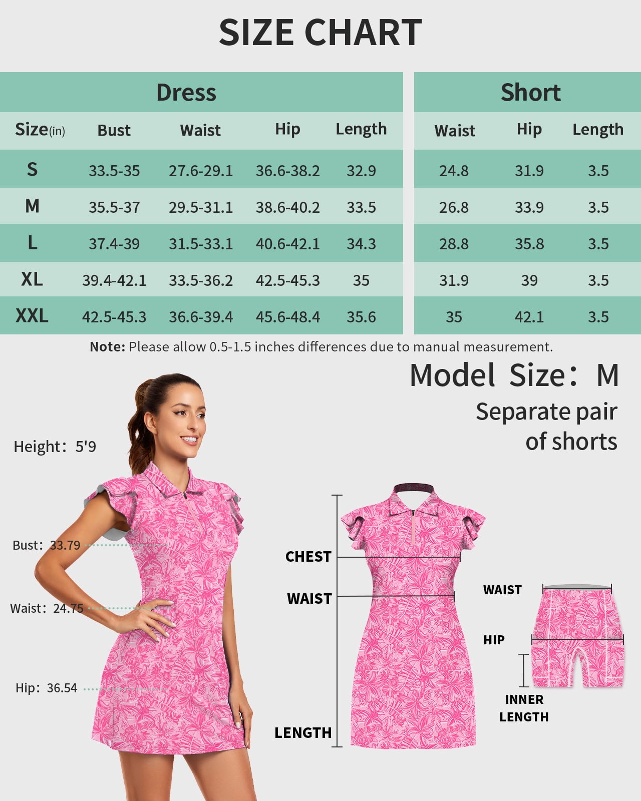 Women’s Floral Ruffle Sleeve Tennis Dress with 1/4 Zip and Built-in Shorts Athletic Tennis Dress with Pockets